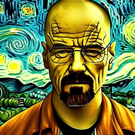 Image similar to breaking bad as a van gogh painting, 4 k, hyper realistic, dslr, high resolution, landscape, beautiful