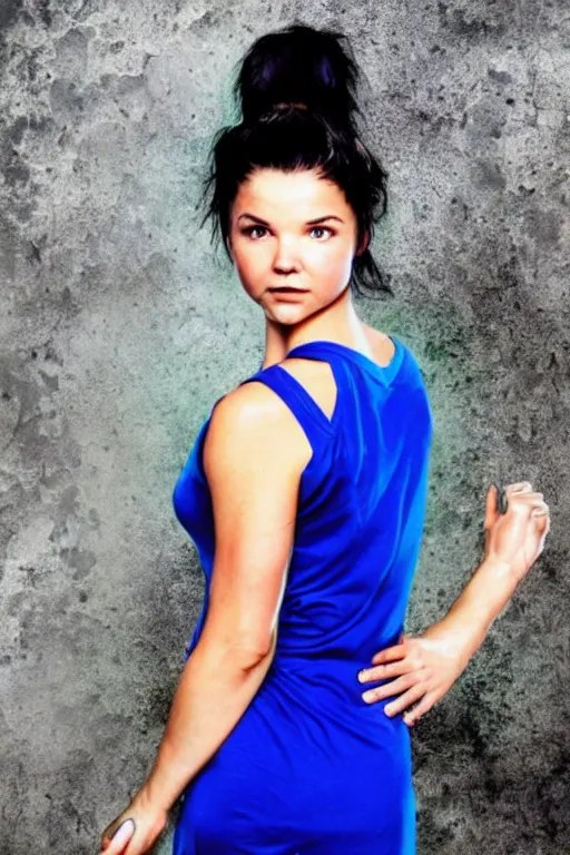 Image similar to fantasy character photo. facial expression of manic obsessive love. danielle campbell. black hair in ponytail. bright blue eyes. tall, lanky, athletic, wiry, slightly muscular. sleeveless light green dress. gleefully telling a bs story full of lies