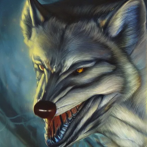 Image similar to detailed portrait of wolf fish hybrid if his parents lived intricate, hyper detailed, realistic, oil painting, by julie bell, frank frazetta, cinematic lighting