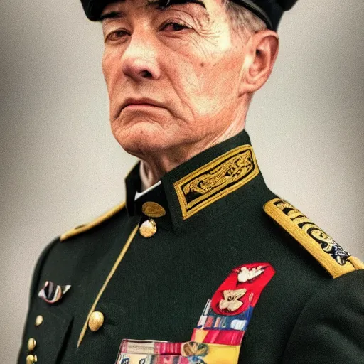 Prompt: a masterpiece portrait photo of an older man in a military uniform full of distinctions, mary elizabeth winstead symmetrical face