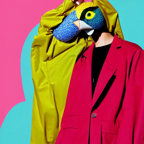 Prompt: model in plastic bird mask wearing baggy colorful 9 0 s jacket by rick owens. magazine ad. pastel brutalist background.