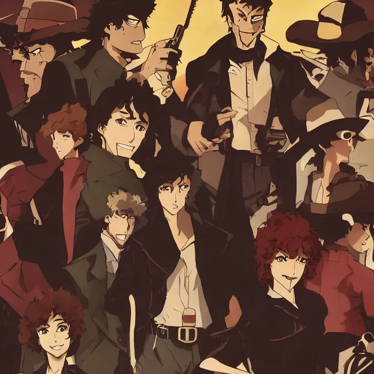 Prompt: cowboy bebop characters in a western styled bar