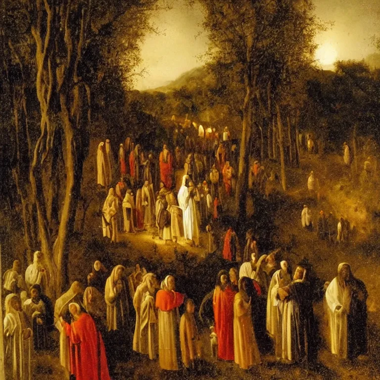 Image similar to A Holy Week procession of souls in a lush Spanish landscape at night. A figure at the front holds a cross. Petrus van Schendel.