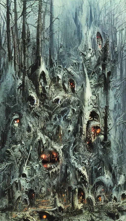 Image similar to a storm vortex made of many demonic eyes and teeth over a forest, by john berkey