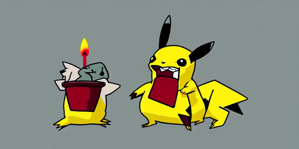 Image similar to pikachu devouring a dog, sharp teeth burtal eyes scary mouth dark room red candles trash bin