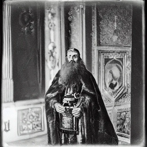 Prompt: portrait of Ivan the Terrible in his palace in Moscow drinking vodka, polaroid, photo, high detail,