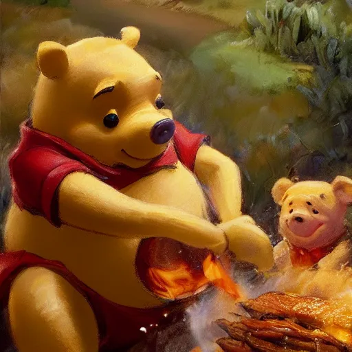 Prompt: close up of winnie the pooh cooking a hog roast, cinematographic shot, by daniel f. gerhartz