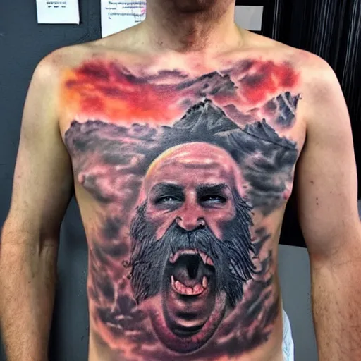 Image similar to an ultra realistic 8 k hdr photo of an award winning healed color tattoo of zardoz on a man ’ s super hairy chest