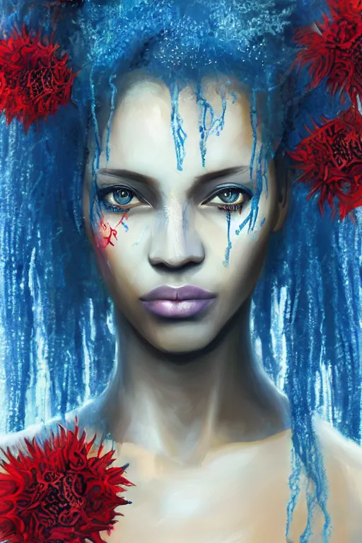 Image similar to portrait of beautiful young maiden, warhammer, afro style, more and more cyberpunk, a lot of more scars, more and more flowers, blue head, some red water, the middle ages, highly detailed, artstation, illustration, artgerm sylvari portrait, 8 k quality, art by max ernst