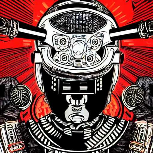 Prompt: Illustrated by Shepard Fairey and H.R. Geiger | Cyberpunk Samurai with VR helmet, surrounded by cables