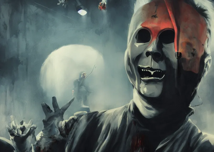 Prompt: painting of Michael Myers having fun at a traveling carnival, sharp focus, face focused, trending on ArtStation, masterpiece, by Greg Rutkowski, by Ross Tran, by Fenghua Zhong, octane, soft render, oil on canvas, high contrast, cinematic