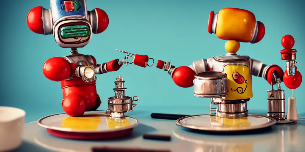 Image similar to closeup portrait of tin toy retro robot chef cooking pastry cake in a kitchen, mixing colourful chemicals flasks, depth of field, zeiss lens, detailed, centered, fashion photoshoot, by nicoletta ceccoli, mark ryden, lostfish, breathtaking, 8 k resolution, extremely detailed, beautiful, establishing shot, artistic, hyperrealistic, octane render