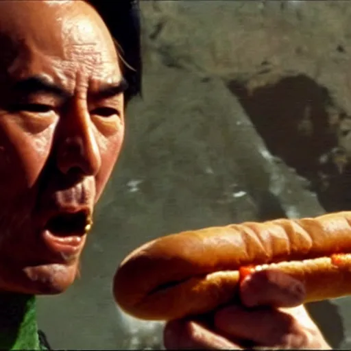 Image similar to scene from Kagemusha, 1980, movie still, cinematic, a man eating a delicious hot dog, epic,