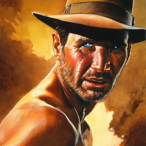 Image similar to ultra realistic portrait painting of indiana jones, art by frank frazetta, 4 k, ultra realistic, highly detailed, epic lighting