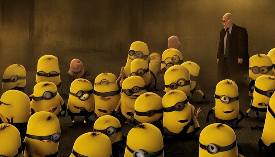 Prompt: the movie se7en!!!!!!!!!!! starring ((minions)), movie still, directed by David fincher