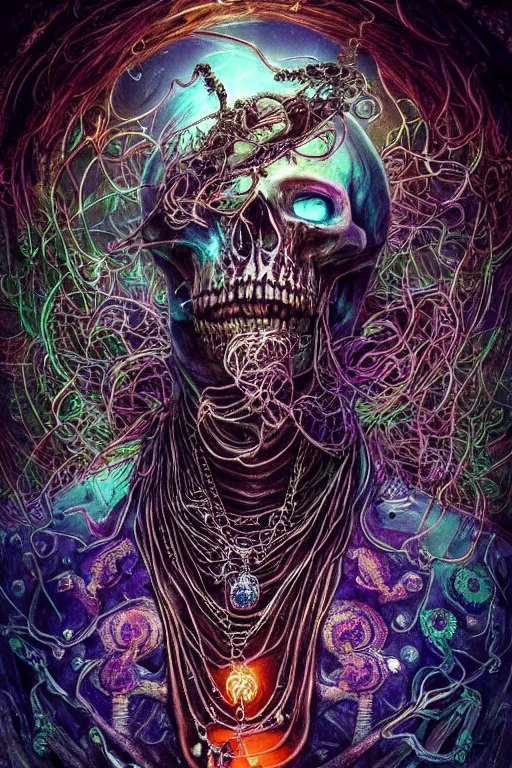 Image similar to psychedelic skeleton with trinket necklace, looking upward, epic angle and pose, reflective pool, symmetrical artwork, ayahuasca, translucent, fungus, energy flows of water and fire, highly detailed, epic cinematic concept art, excellent composition, dystopian brutalist atmosphere, dynamic dramatic lighting, aesthetic, very inspirational, arthouse, Greg Rutkowski, Artgerm