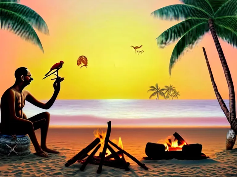 Prompt: gandhi sitting on a beach next to a campfire with palm trees in the back, holding a cigar, sunset, surrounded by different animals, parrots, turtle, lizard, crab, coconuts,, glorious lighting, epic environment, highly detailed, digital art, hyper realistic, beautiful, 8 k