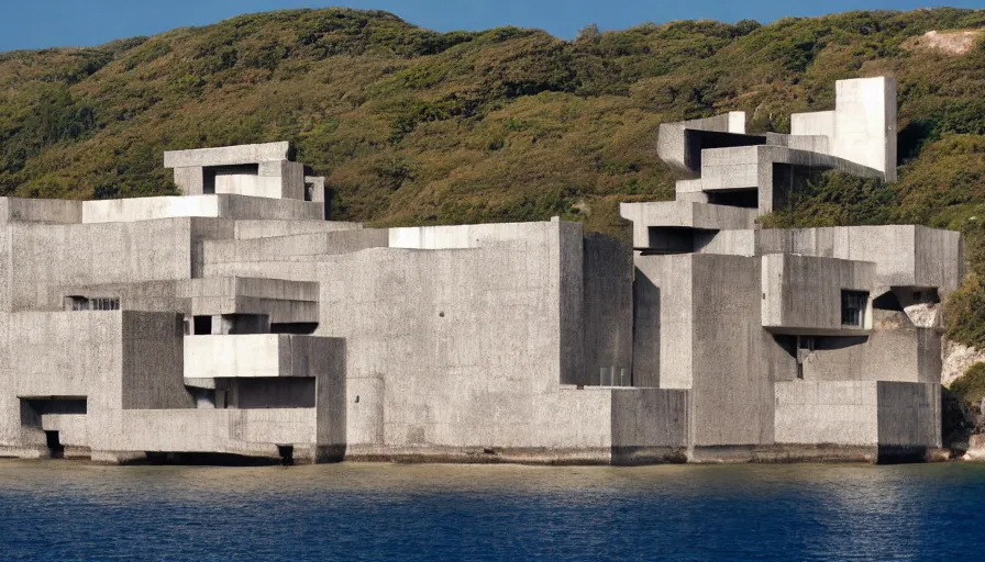 Image similar to big brutalist base perched on a cliff overlooking a magnificient bay, drawing architecture, pritzker architecture prize, greig fraser