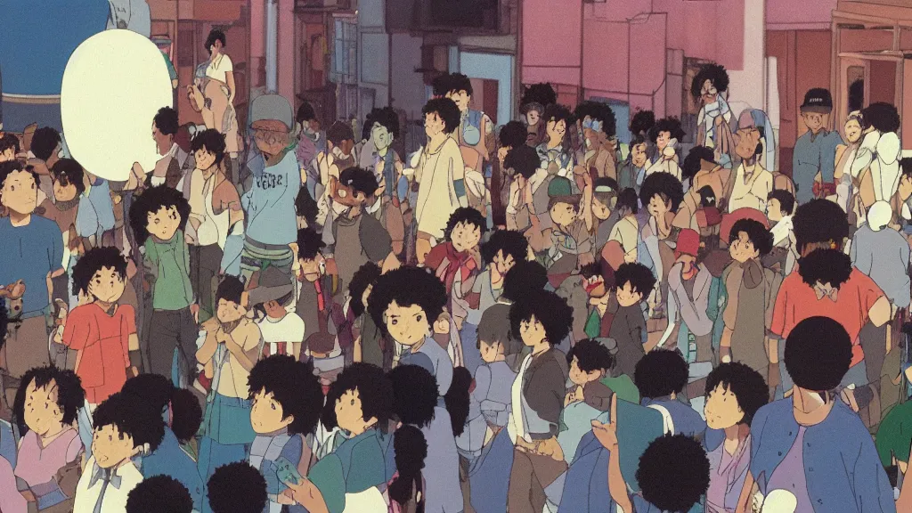 Image similar to a movie still from a studio ghibli film showing a hip hop party in the bronx, new york. by studio ghibli