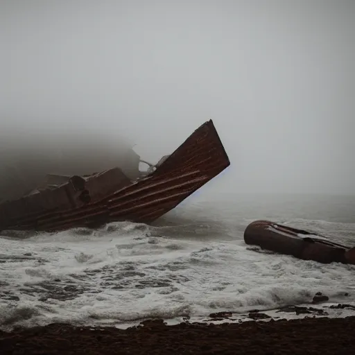 Image similar to shipwreck in front of concrete wall by Sean Yoro, dark, foggy, gloomy