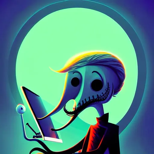 Image similar to curled perspective digital art of curly grey hair bearded man with big nose using a computer by anton fadeev from nightmare before christmas