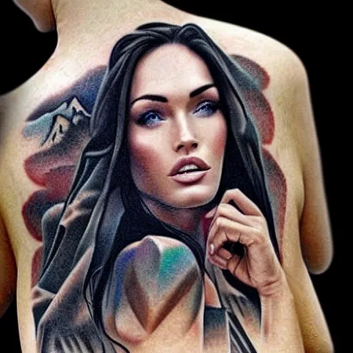Prompt: realism tattoo sketch of double exposure megan fox with beautiful mountain scenery, in the style of andrey lukovnikov