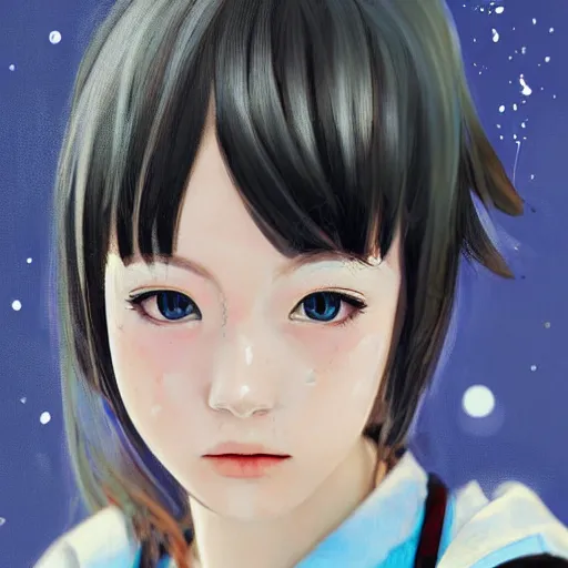 Image similar to a high detail portrait of high school girl by makoto sinkai, kawaii, in simple background, CLIP STADIO, mad painting