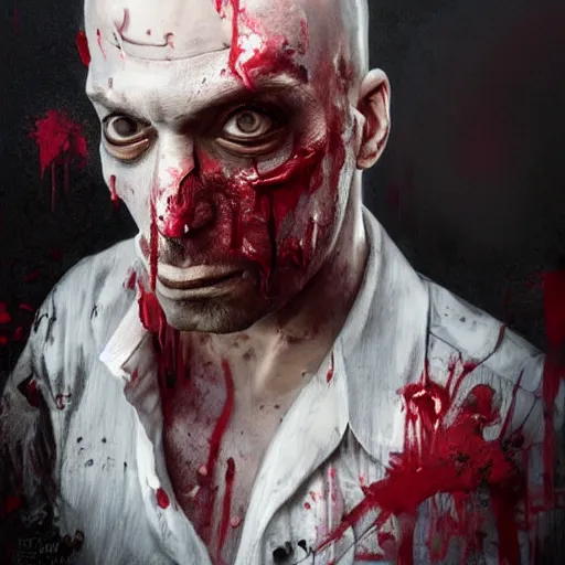 Image similar to portrait painting of a bloodied serial killer with a hello kitty mask, ultra realistic, concept art, intricate details, eerie, highly detailed, photorealistic, octane render, 8 k, unreal engine. art by artgerm and greg rutkowski and alphonse mucha