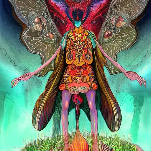 Image similar to 8K Portrait of centered chest up of a psychedelic godlike mothman shaman with moth face and giant mandala wings smoking a hand-rolled cigarette smoking heavily , magic mushroom village in background , post-processing , award winning. superb resolution. in the art style of junji Ito and greg rutkowski . Detailed Mushroom city in background. Hyper realistic anime. Perfect art. Dalle2