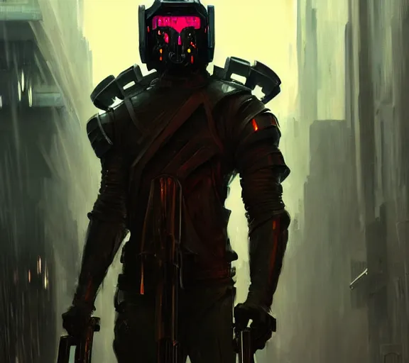 Image similar to Greg Manchess painting of a cyberpunk supersoldier character with katana, armoured in athletic carbon suit head to toe, cyberpunk street, rain, dark atmosphere, wide shot, asymmetrical, profile picture, Organic Painting, sunset dark dramatic, matte painting, bold shapes, hard edges, street art, trending on artstation, by Huang Guangjian and Gil Elvgren and Sachin Teng