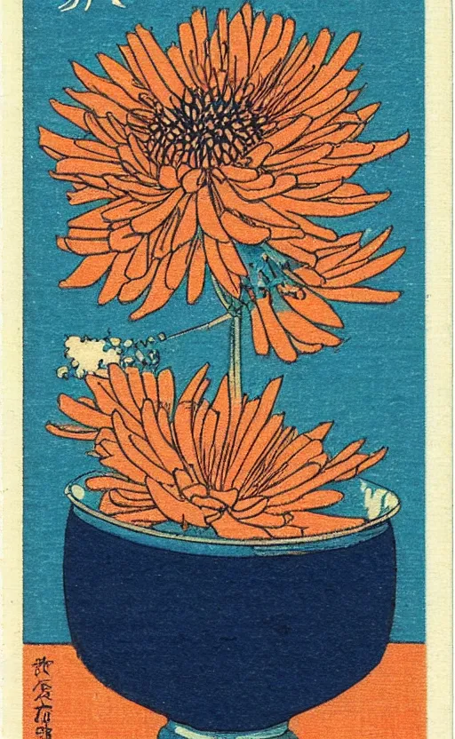 Image similar to by akio watanabe, manga art, a chrysanthemum flower inside a blue and flat sake cup, trading card front