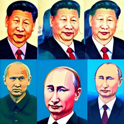 Image similar to “Roger Waters beside Xi Jinping and Vladimir Putin, evil, oil painting, 4k”