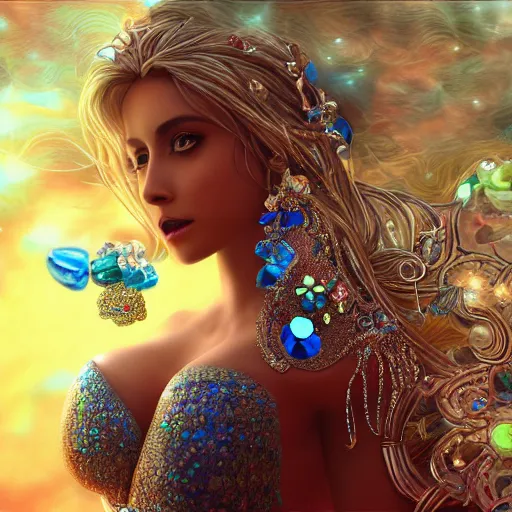 Prompt: A beautiful siren decorated with precious stones, and wherever she walks glowing flowers grow, 8k, photorealistic, ultra realistic, extreme detail, highly detailed, atmospheric, , cinematic composition