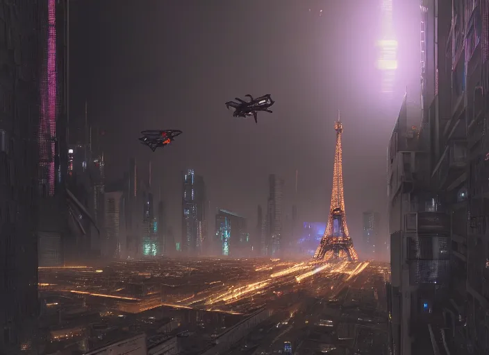 Image similar to cyberpunk scifi scene of paris at night, flying scifi drone, artstation, matt painting, very detailed, maximalism, ambient occlusion, volumetric light, atmospheric haze, unreal engine, hyper realism, realistic shading, cinematic composition, realistic render, octane render, detailed textures, photorealistic, wide shot