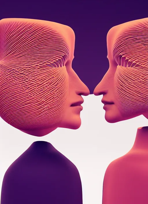 Prompt: style of santiago calatrava, perfectly centered symmetrical balanced male and female portrait of man and woman in love sharing one heart. high coherence ; fractal geometrical 3 d cartoon 8 k ultra hd