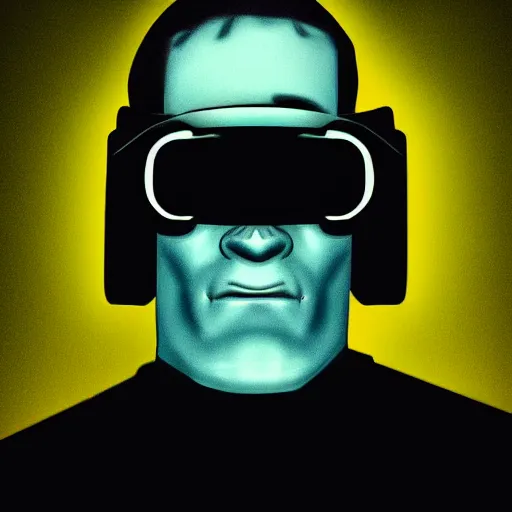 Prompt: frankenstein wearing a vr headset, dark synthwave style, trending on artstation