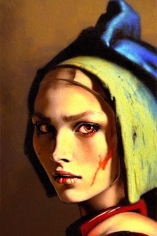 Image similar to full character portrait max mad cyberpunk warhammer 4 0 k, warrior marine the girl with the pearl earring character design, painting by gaston bussiere, katsuya terada, vermeer, frank frazetta, mucha, tom of finland, trending on artstation