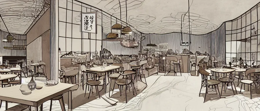 Image similar to a beautiful interior view illustration of a small roasted string hotpot restaurant of baota mountain in yan'an city, animation illustrative style, from china, restaurant theme wallpaper is a high tower on a mountain, rectangle white porcelain table, black chair, simple style structure decoration design, victo ngai, james jean, 4 k hd