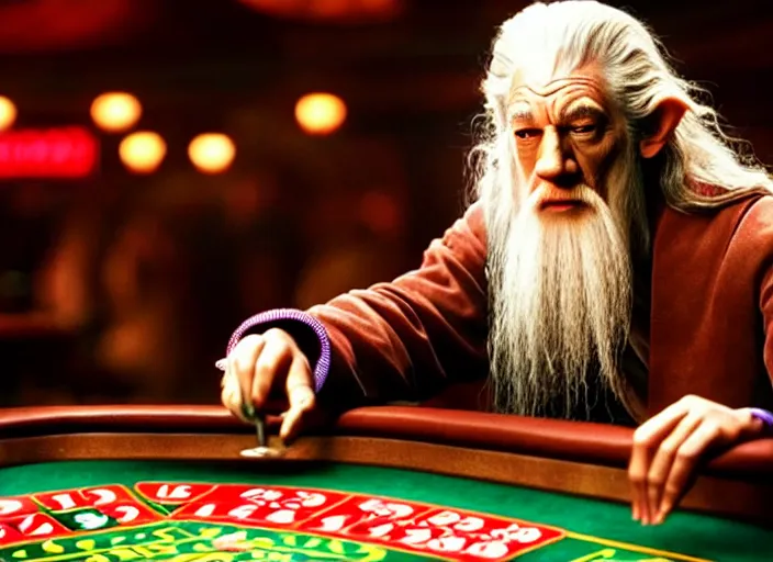 Prompt: film still of gandalf gambling in a casino in lord of the rings movie, 8 k