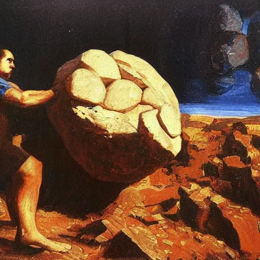 Image similar to a painting of benjamin netanyahu as sisyphus, carrying large boulder on shoulders, large mountain, by franz stuck