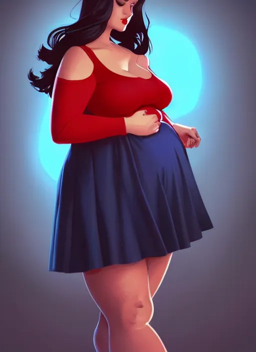 Image similar to full body portrait of teenage veronica lodge, obese, bangs, sultry, realistic, sultry smirk, wavy hair, red skirt, fat, belly, intricate, elegant, glowing lights, highly detailed, digital painting, artstation, concept art, smooth, sharp focus, illustration, art by wlop, mars ravelo and greg rutkowski