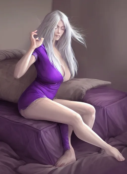 Prompt: a highly detailed illustration of beautiful silver haired woman wearing purple onesie floating on pillow, dramatic floating pose, sleepy expression, intricate, elegant, highly detailed, centered, digital painting, artstation, concept art, smooth, sharp focus, league of legends concept art, wlop