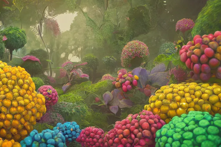 Image similar to super detailed color art, a lot of small garden flowers, A multiverse of berries, unreal engine, wes anderson color palette, 3d render, colorful, digital art