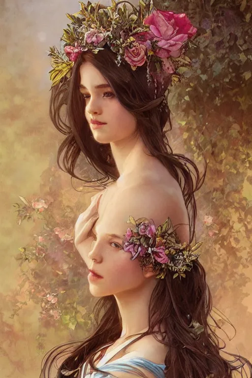 Prompt: beautiful maiden wearing a floral headband, intricate, elegant, highly detailed, digital painting, artstation, concept art, smooth, sharp focus, illustration, art by artgerm and greg rutkowski and alphonse mucha