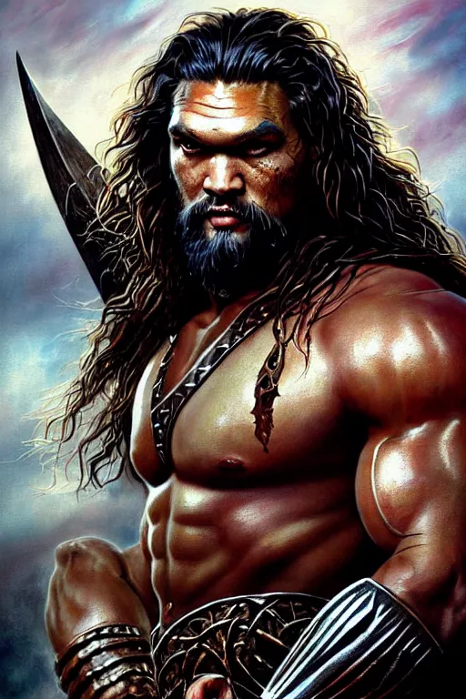 Image similar to beautiful portrait oil painting, jason momoa conan the barbarian thor standing on huge pile of skulls in dystopian battlefield of zombies, wearing royal crimson fantasy ornate spartan dragon scale armor, wet skin and hair, muscular!!!, battle action pose, frank frazetta, boris vallejo, greg rutkowski, beautiful cinematic light, low angle, frank miller, ridley scott, high contrast