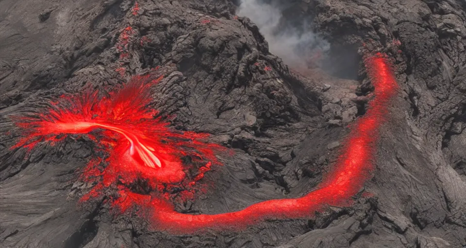 Image similar to a volcano made of ivory vines and crimson rocks enters in eruption, it spits a smoke in the shape of demonic eye, from NCSOFT