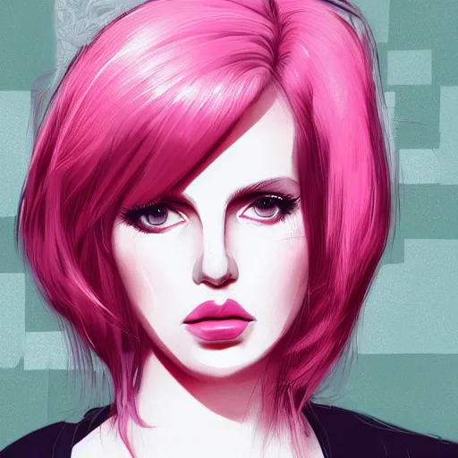 Image similar to full headshot portrait of Lana del ray punk, digital art, short pink hair, drawn by WLOP, by Avetetsuya Studios, anime manga panel, trending on artstation, wearing a plaid shirt