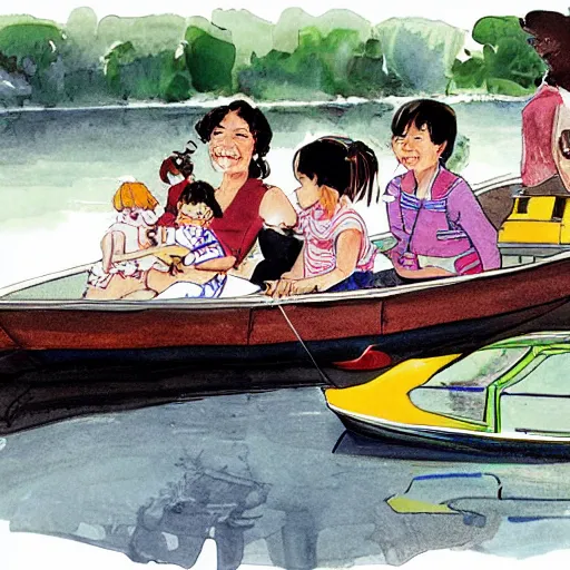 Image similar to The drawing depicts a group of well-dressed women and children enjoying a leisurely boat ride on a calm day. The women are chatting and laughing while the children play with a toy boat in the foreground. by Dustin Nguyen, by William Wray delicate