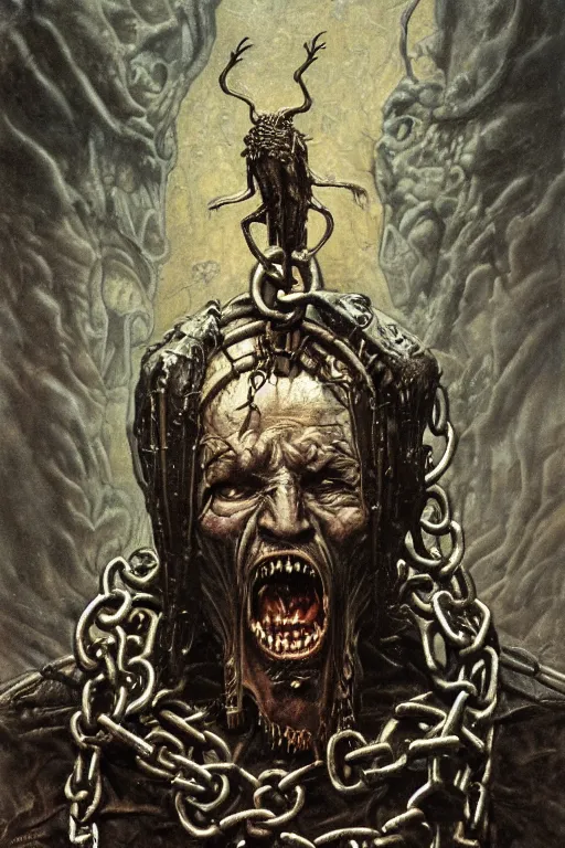 Image similar to michael gross, heavy metal magazine cover, 1 9 8 0 s, intricate leather and chains, atmospheric, realism, horror, grimy, sinister, highly detailed, high octane render, hd, anatomy, symmetrical body, symmetrical face, scary, cracked brick background, in the style of frank frazetta and moebius, peter mohrbacher and john william waterhouse