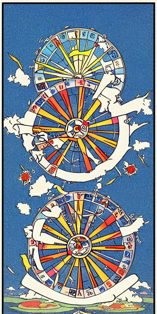 Prompt: Wheel of Fortune tarot card by a famous anime artist, clean, sharp lines, minimalistic,